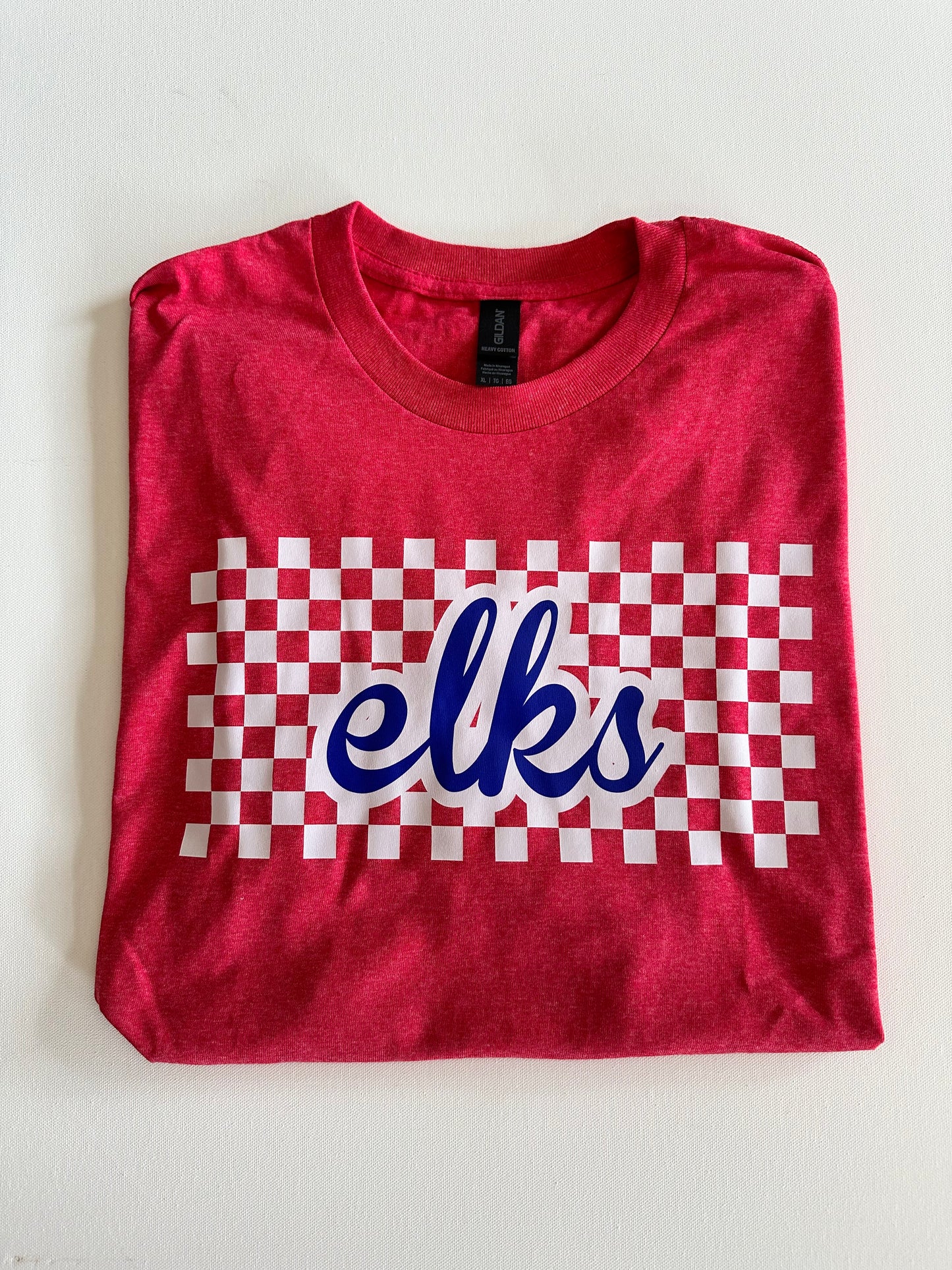 Red/Blue Elks Checkered Script Spirit Tee