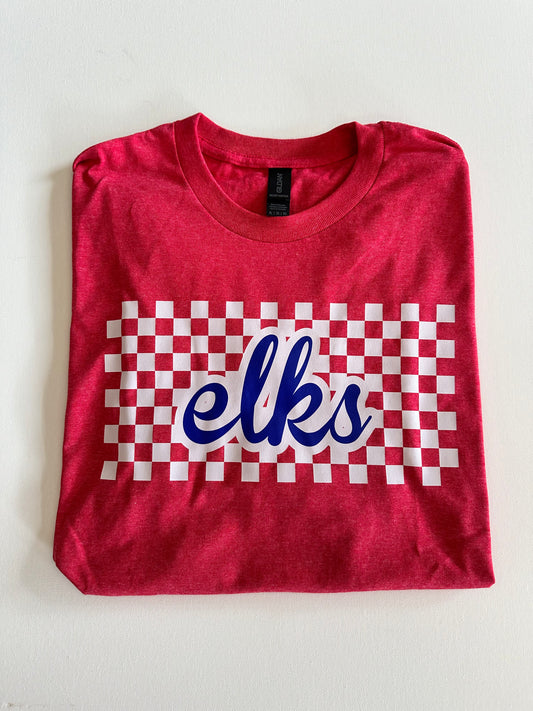 Red/Blue Elks Checkered Script Spirit Tee