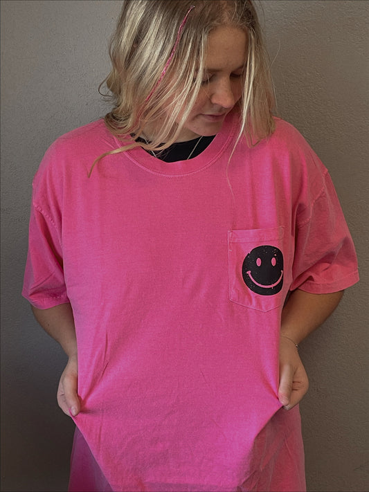 Hot Pink Pocket Smiley Face Graphic Tee