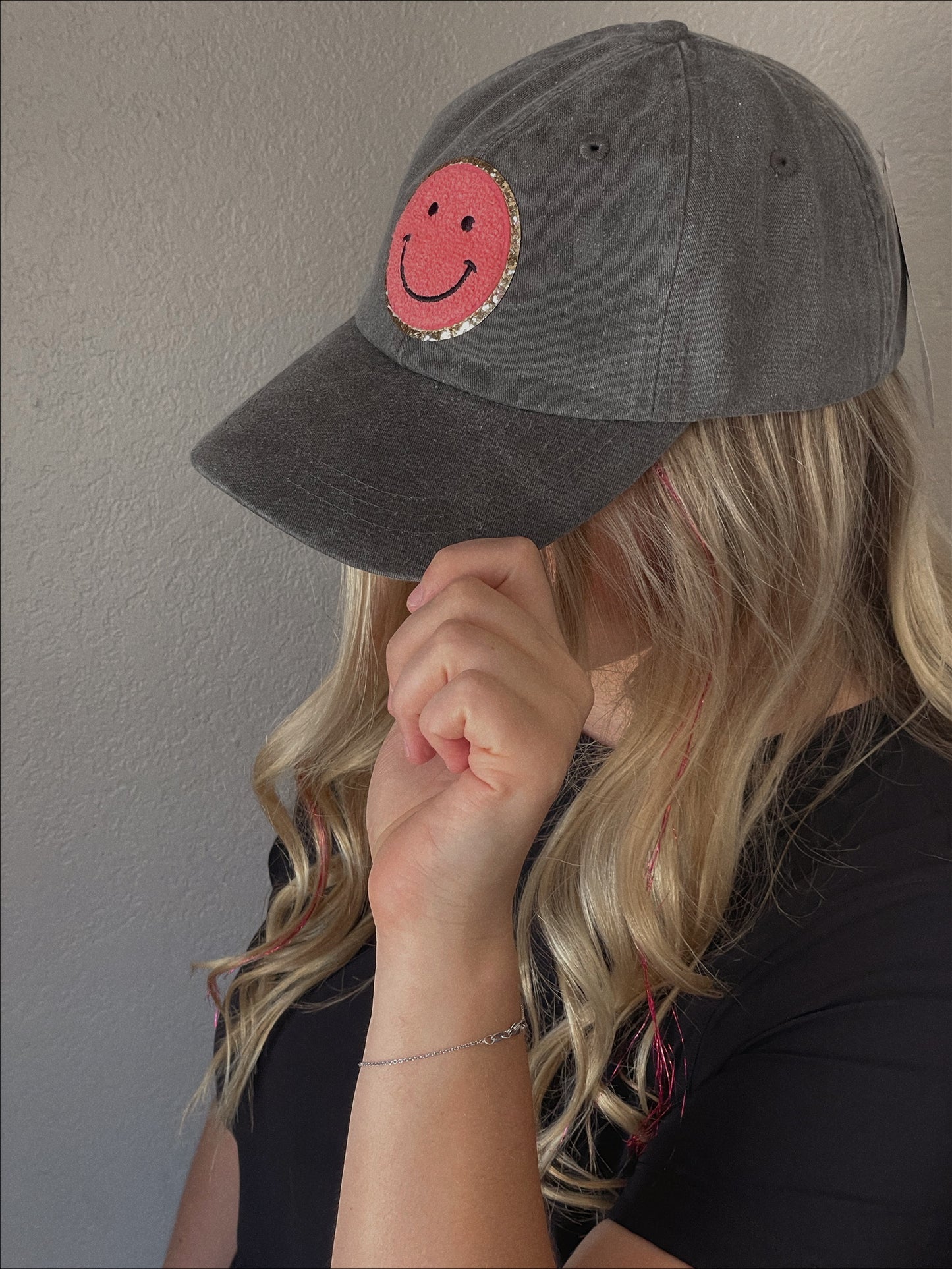 Charcoal Coral Glitter Smiley Face Patch Unstructured Hat