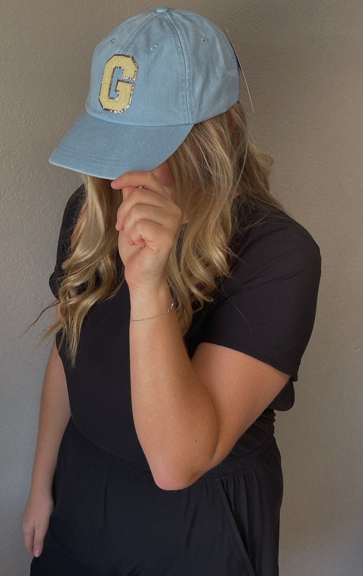 Personalized Baby Blue Yellow Glitter Initial Letter Patch Unstructured Hat