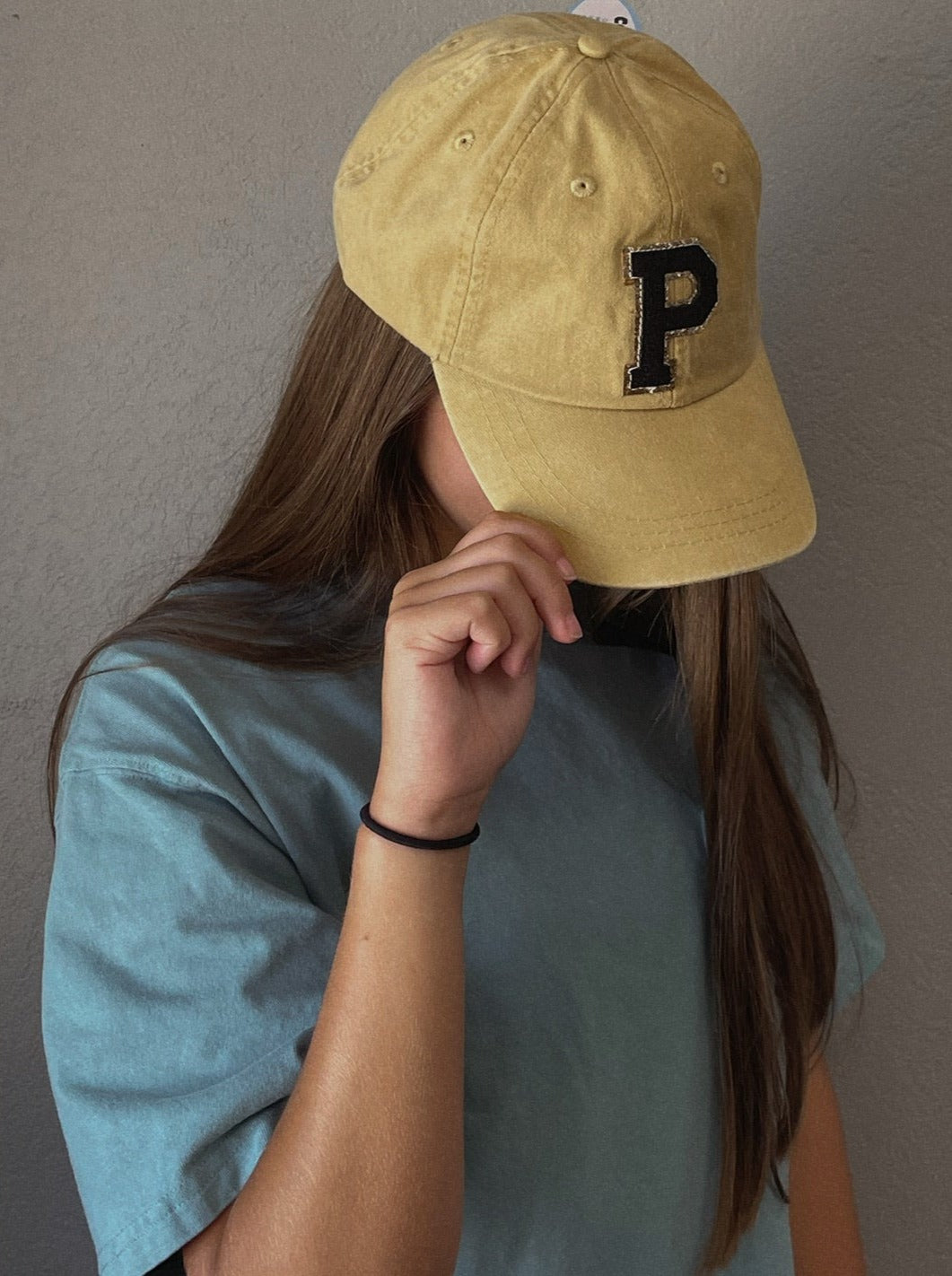 Personalized Mustard Black Glitter Initial Letter Patch Unstructured Hat