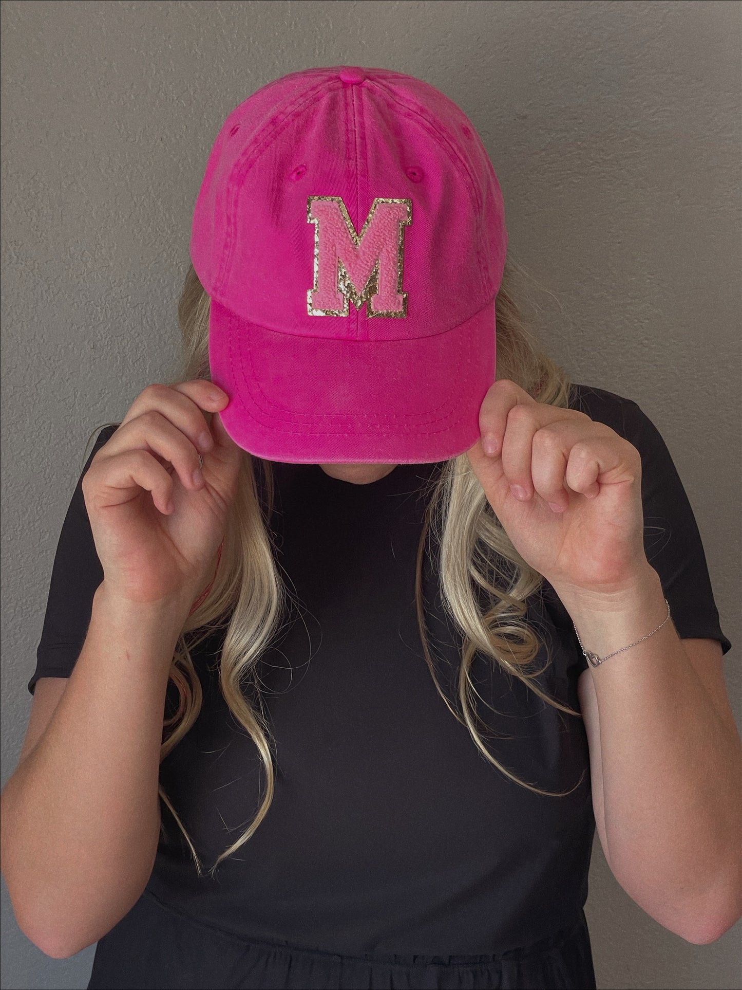 Personalized Neon Pink Light Pink Glitter Initial Letter Patch Unstructured Hat