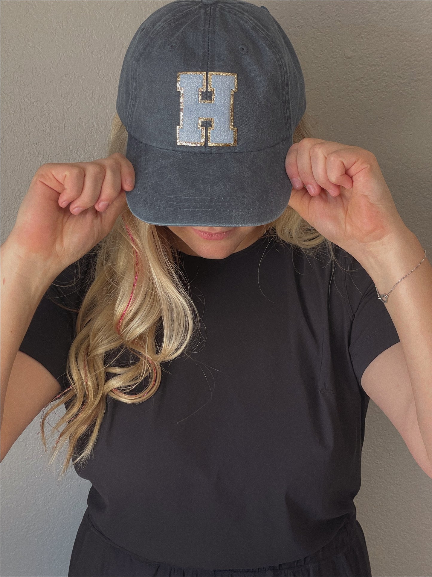 Personalized Midnight Light Blue Glitter Initial Letter Patch Unstructured Hat