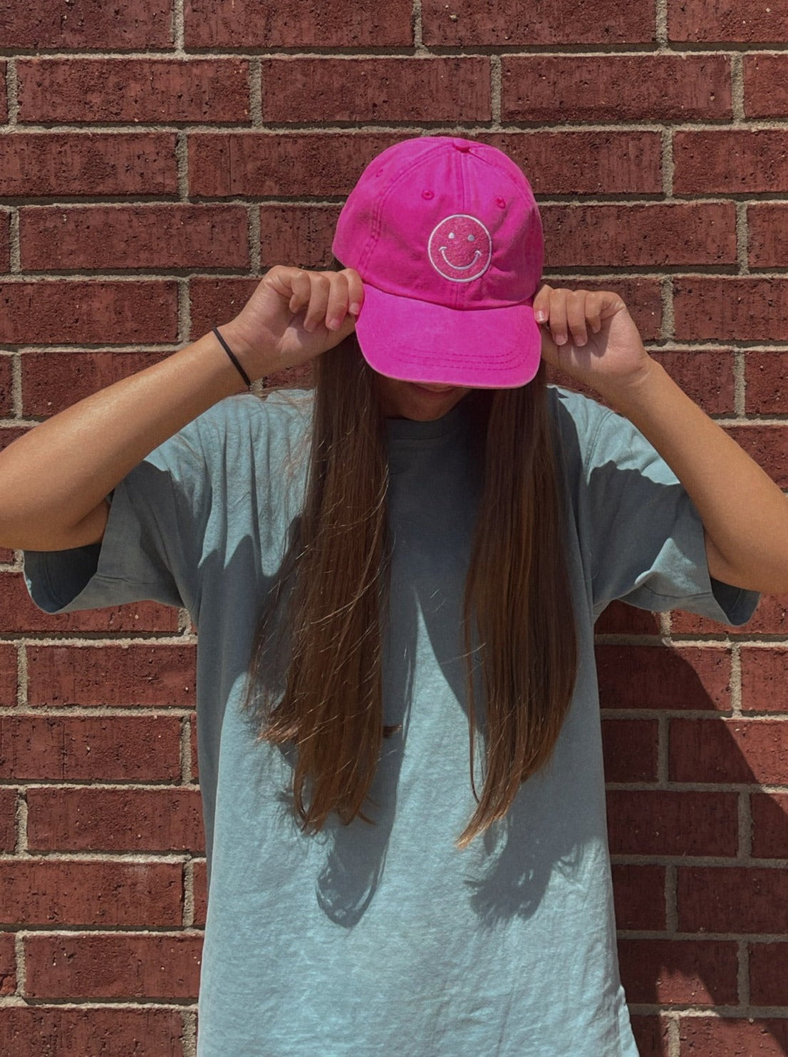 Neon Pink Embroidered Smiley Face Unstructured Hat