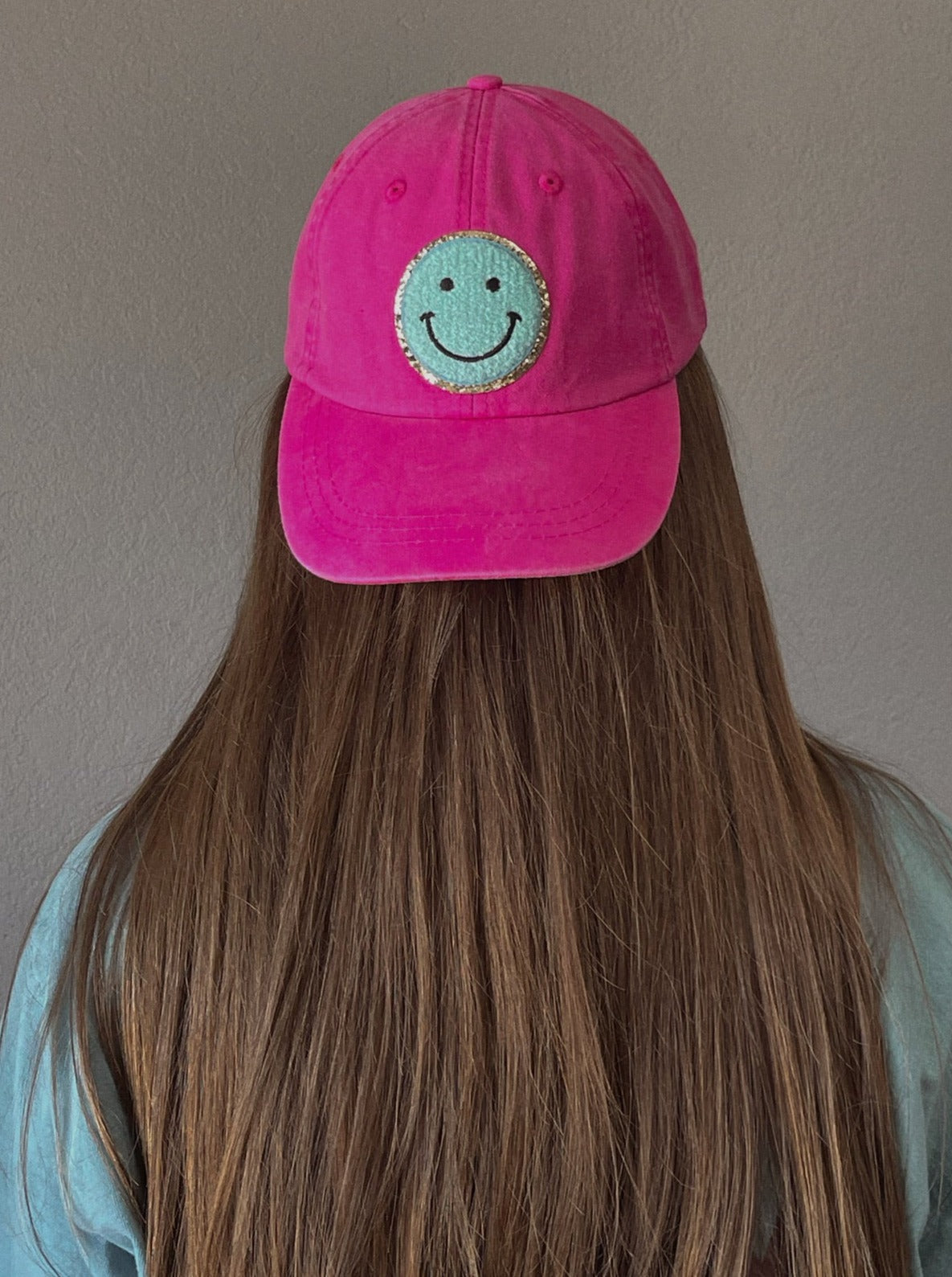 Neon Pink Mint Glitter Smiley Face Patch Unstructured Hat