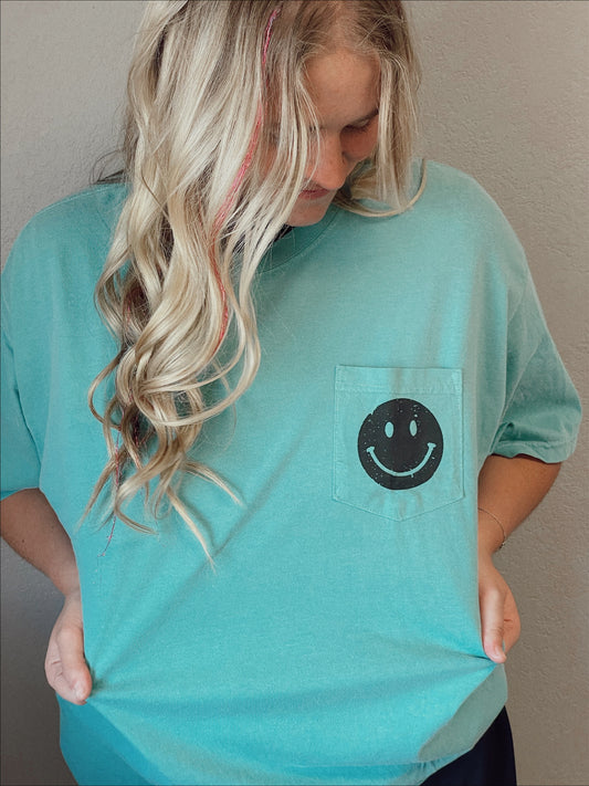 Seafoam Pocket Smiley Face Graphic Tee