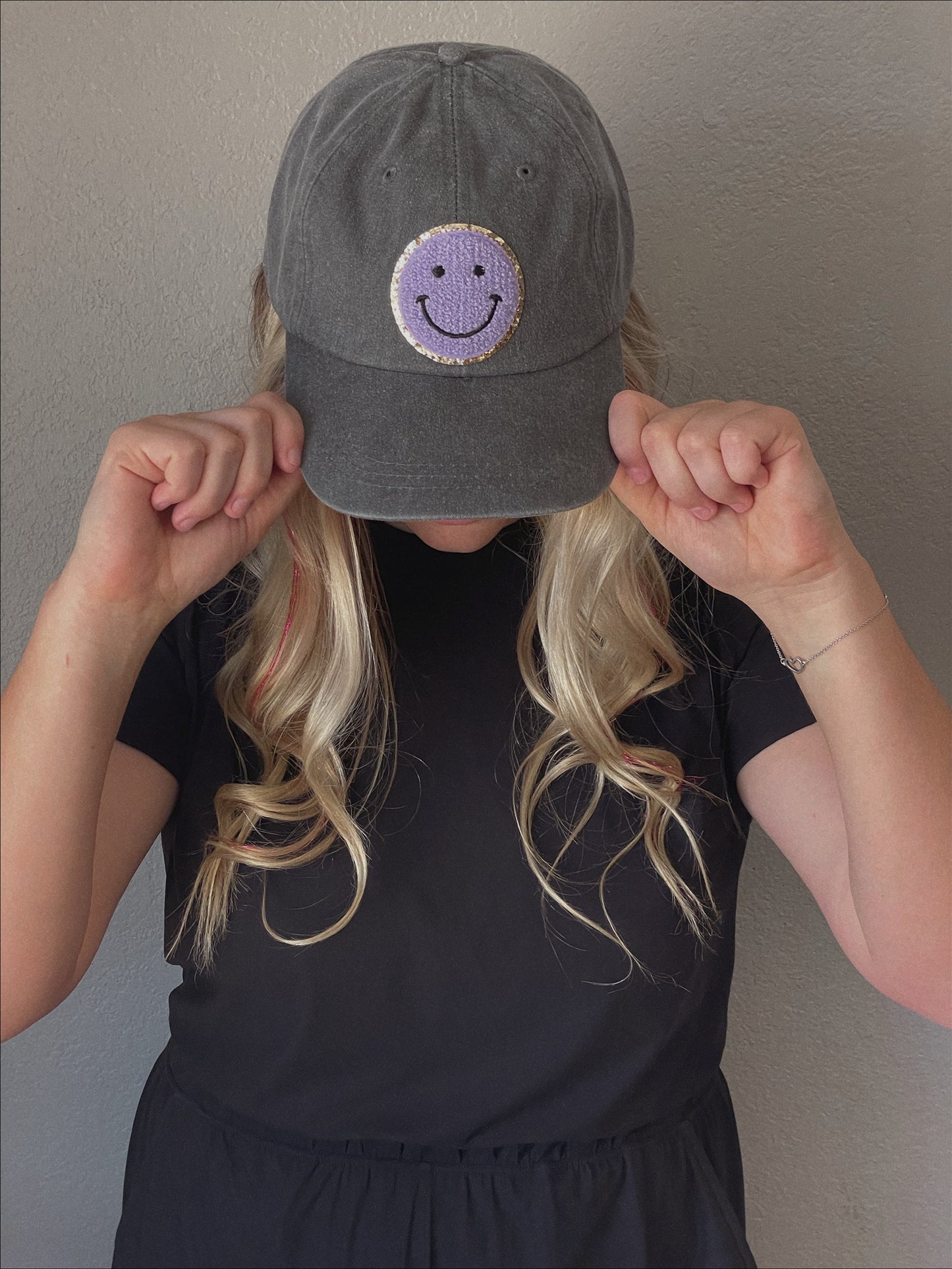 Charcoal Purple Glitter Smiley Face Patch Unstructured Hat