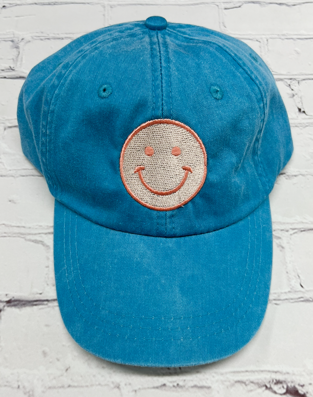 Caribbean Blue Embroidered Smiley Face Unstructured Hat