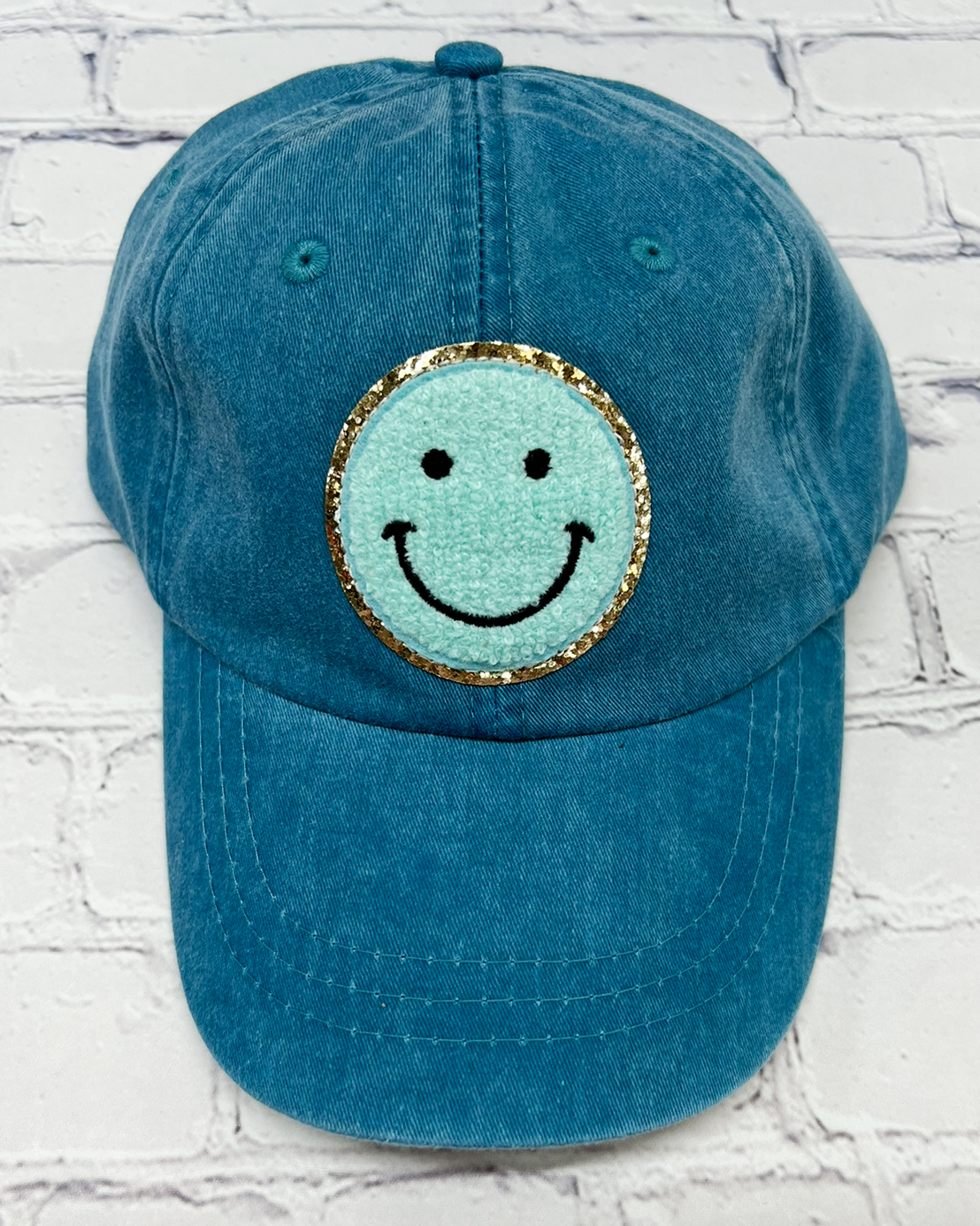 Caribbean Blue Mint Glitter Smiley Face Patch Unstructured Hat