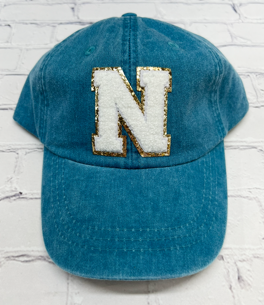 Personalized Caribbean Blue White Glitter Initial Letter Patch Unstructured Hat