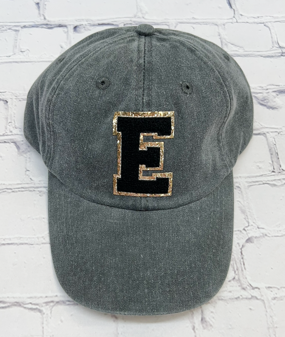 Personalized Charcoal Black Glitter Initial Letter Patch Unstructured Hat