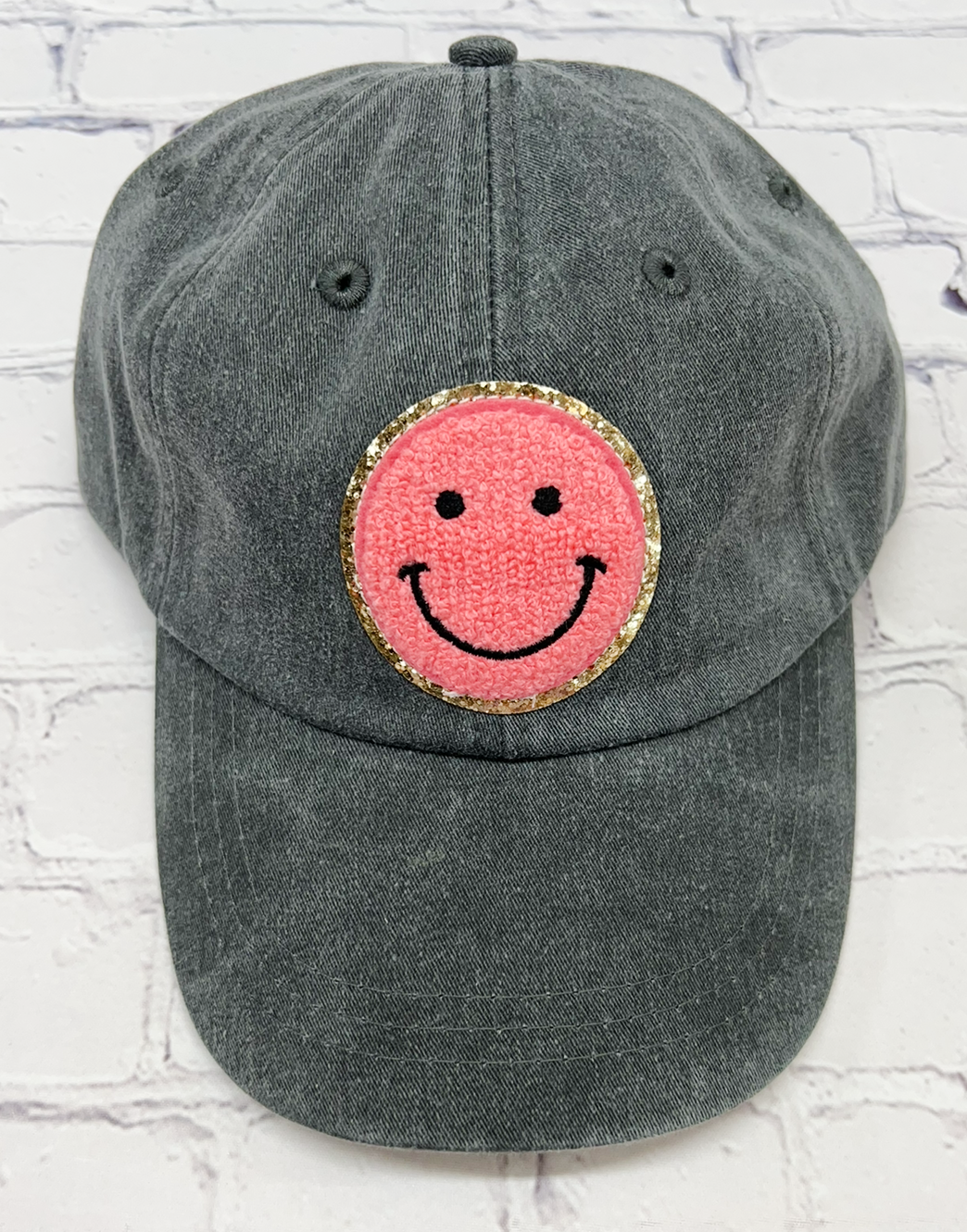 Charcoal Coral Glitter Smiley Face Patch Unstructured Hat