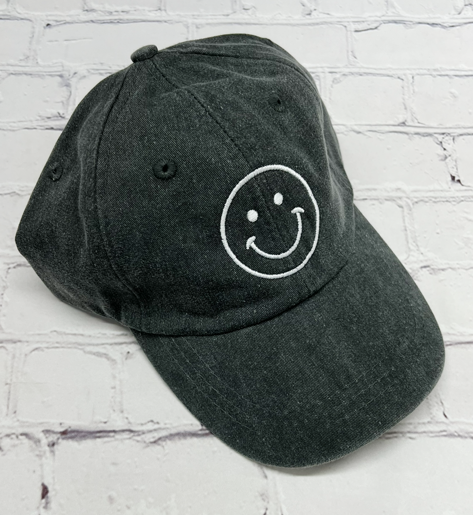 Charcoal Embroidered Smiley Face Unstructured Hat