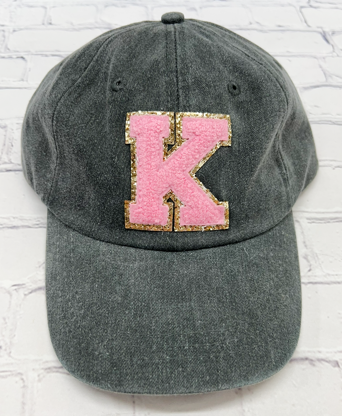 Personalized Charcoal Light Pink Glitter Initial Letter Patch Unstructured Hat