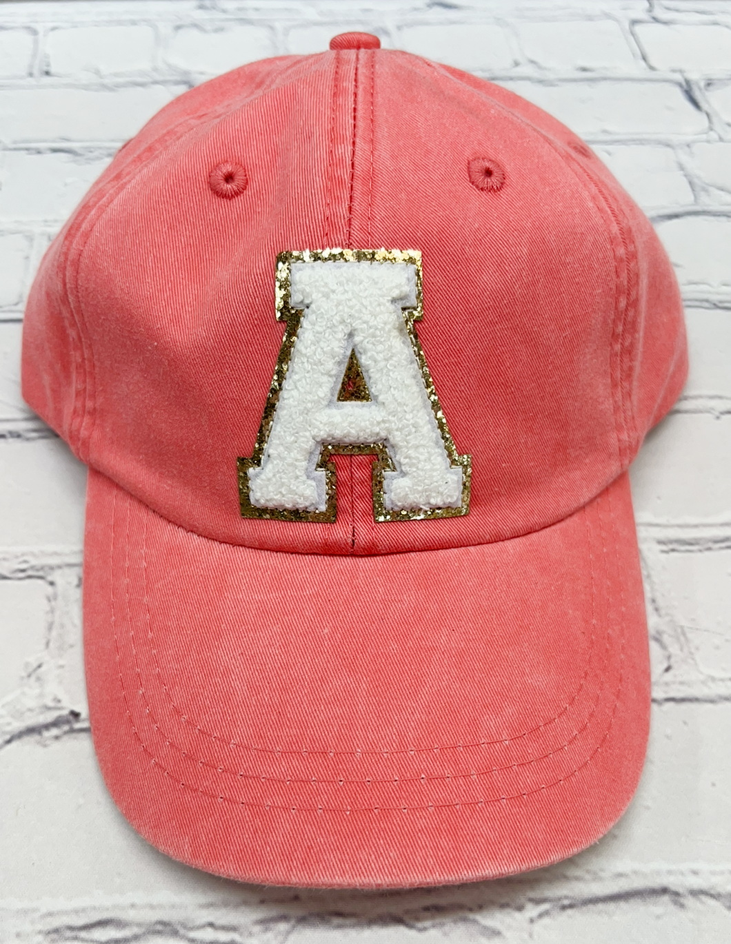 Personalized Coral White Glitter Initial Letter Patch Unstructured Hat