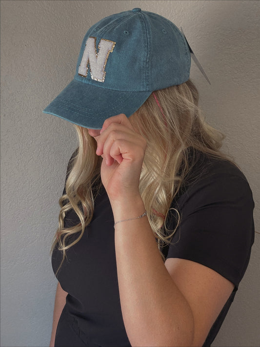 Personalized Caribbean Blue White Glitter Initial Letter Patch Unstructured Hat