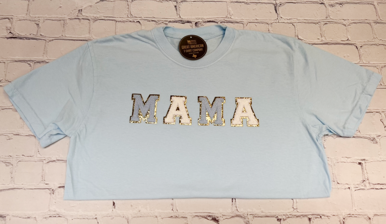 Light Blue Mama Glitter Patch Graphic Tee