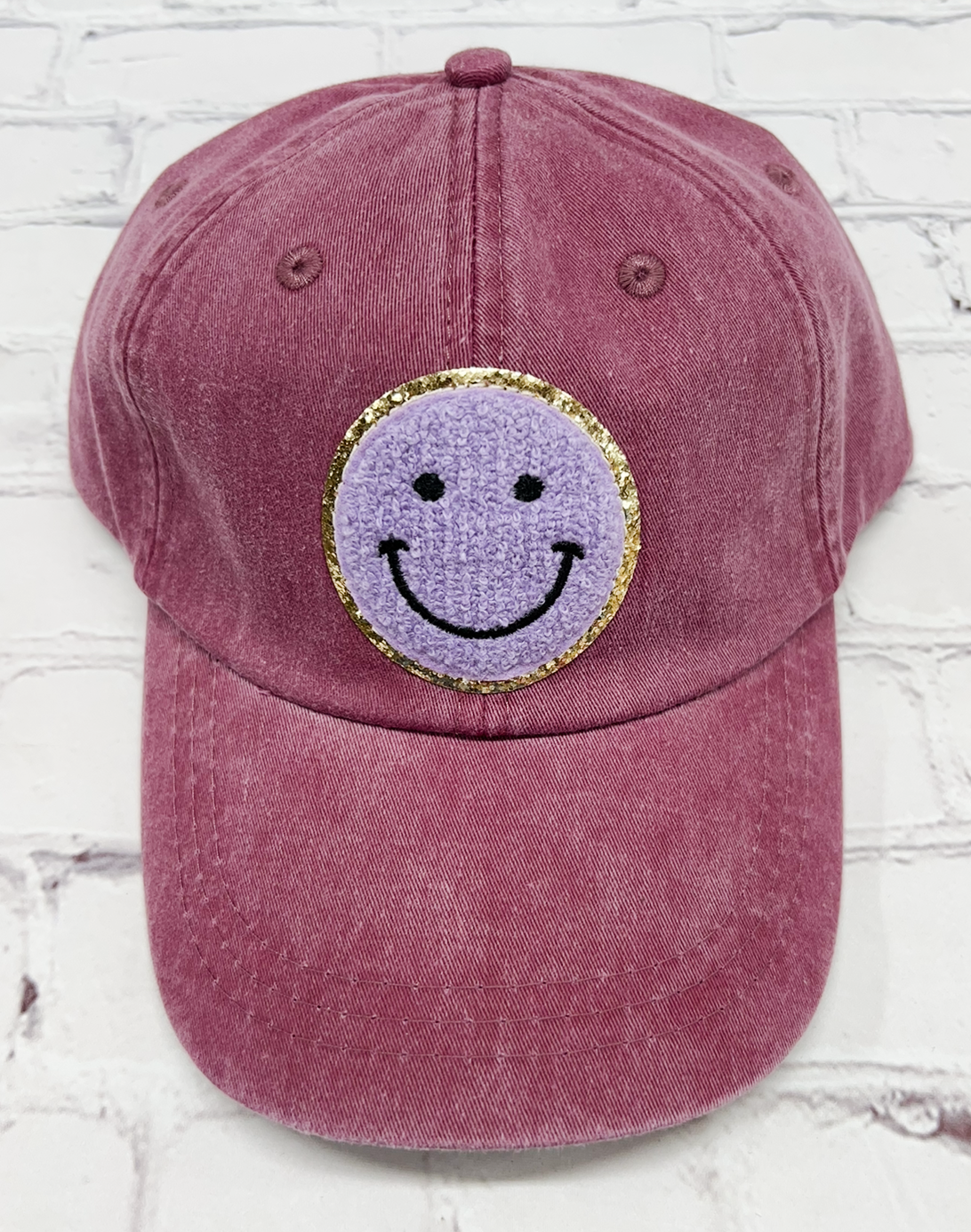 Maroon Purple Glitter Smiley Face Patch Unstructured Hat
