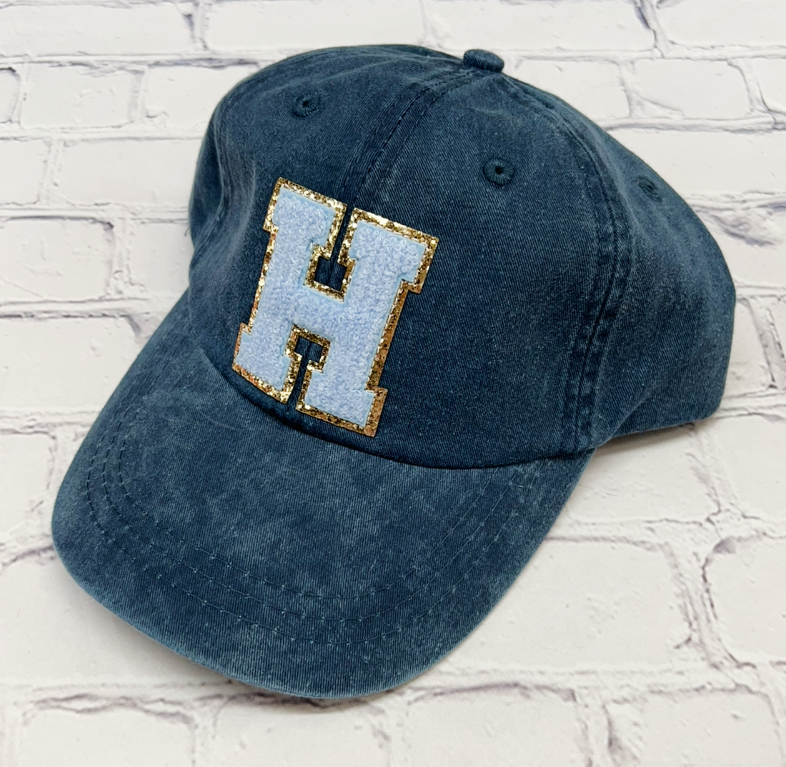 Personalized Midnight Light Blue Glitter Initial Letter Patch Unstructured Hat