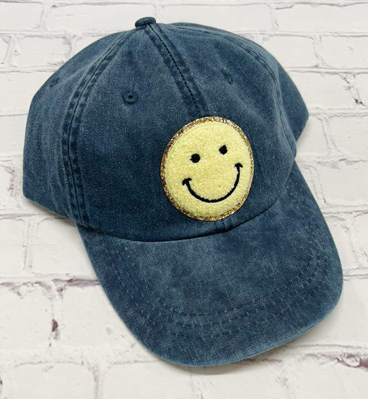Midnight Yellow Glitter Smiley Face Patch Unstructured Hat