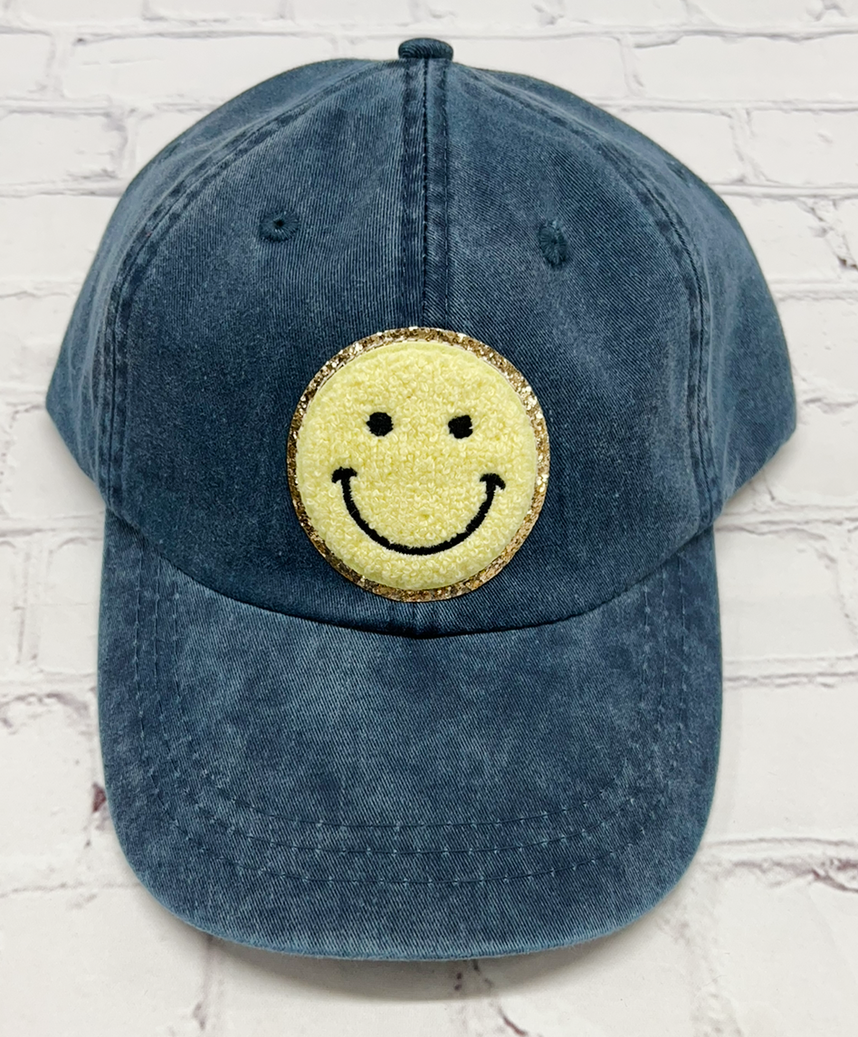 Midnight Yellow Glitter Smiley Face Patch Unstructured Hat