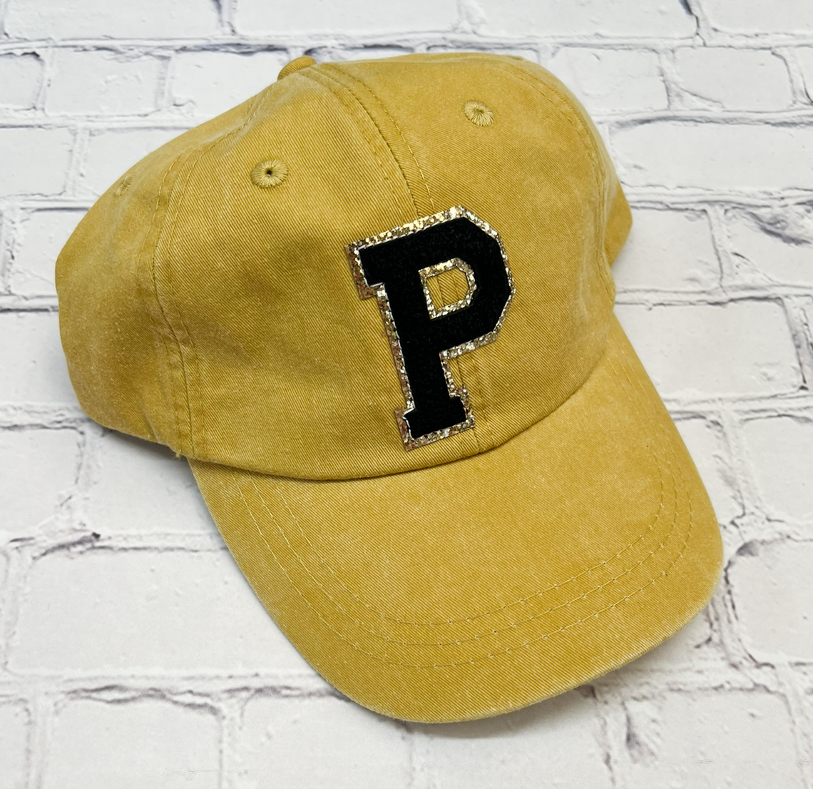Personalized Mustard Black Glitter Initial Letter Patch Unstructured Hat