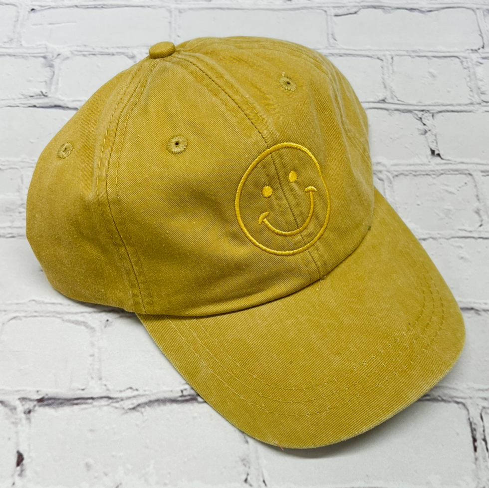 Mustard Embroidered Smiley Face Unstructured Hat