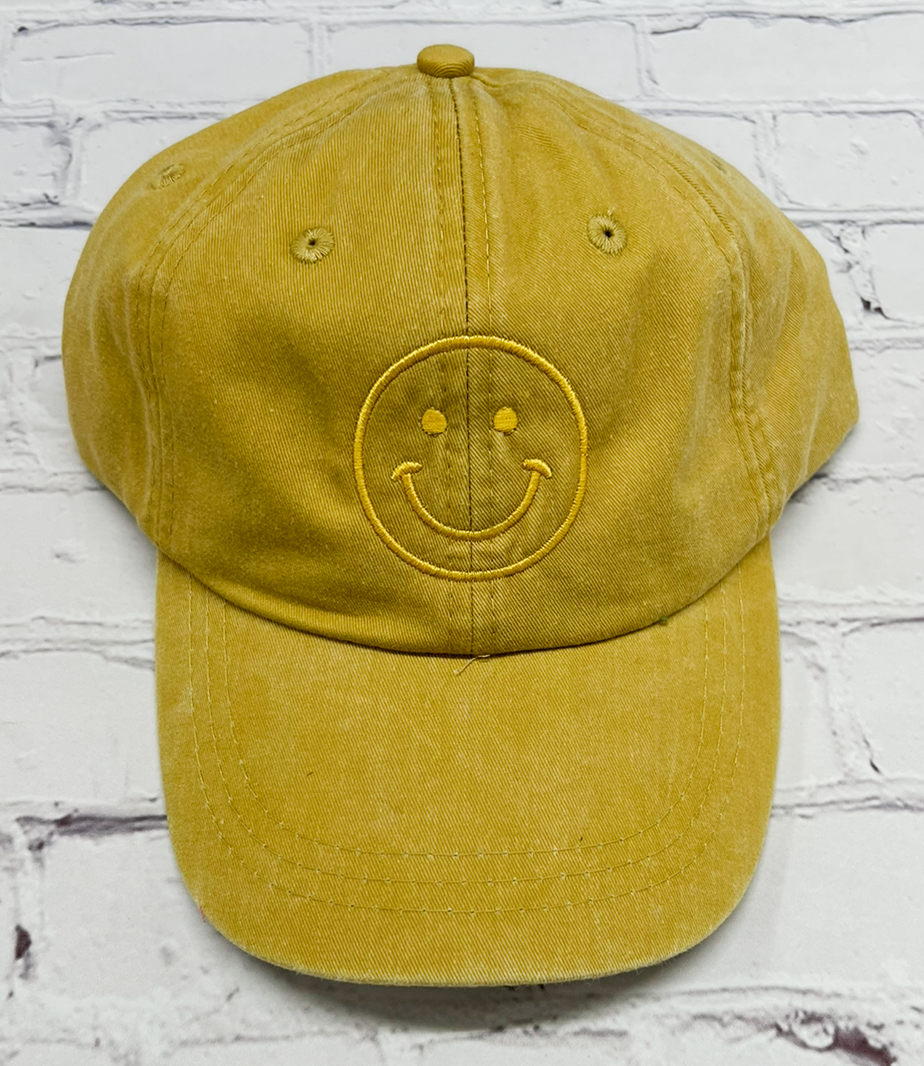 Mustard Embroidered Smiley Face Unstructured Hat