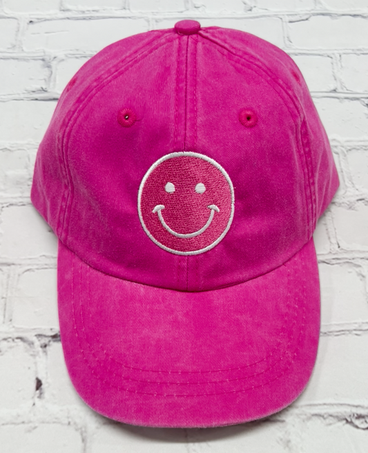 Neon Pink Embroidered Smiley Face Unstructured Hat