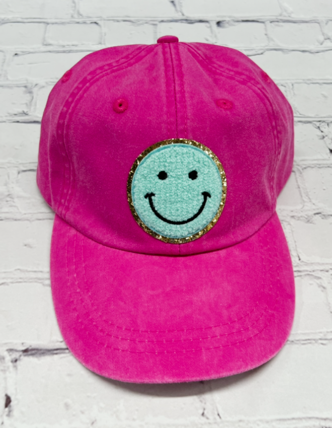 Neon Pink Mint Glitter Smiley Face Patch Unstructured Hat