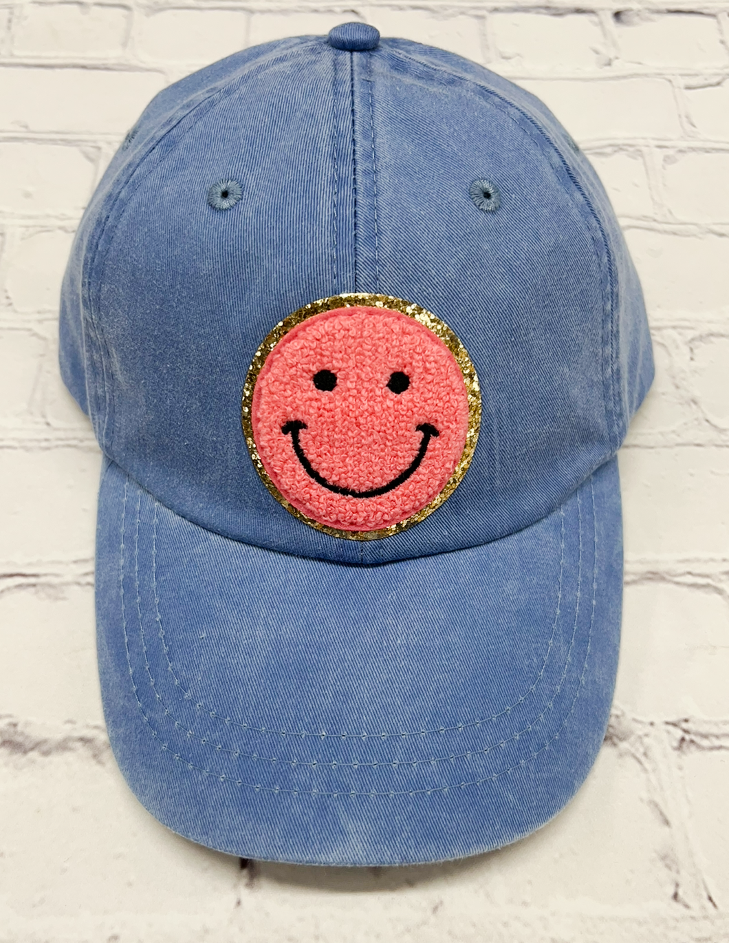 Periwinkle Coral Glitter Smiley Face Patch Unstructured Hat