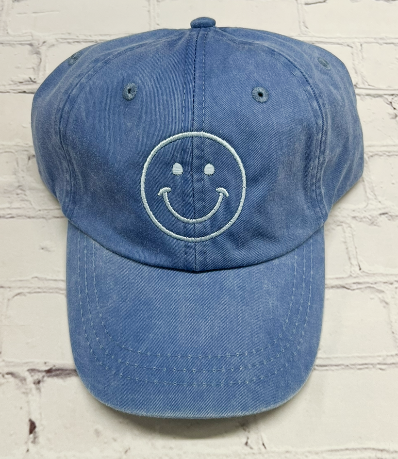 Baby Blue Embroidered Smiley Face Unstructured Hat