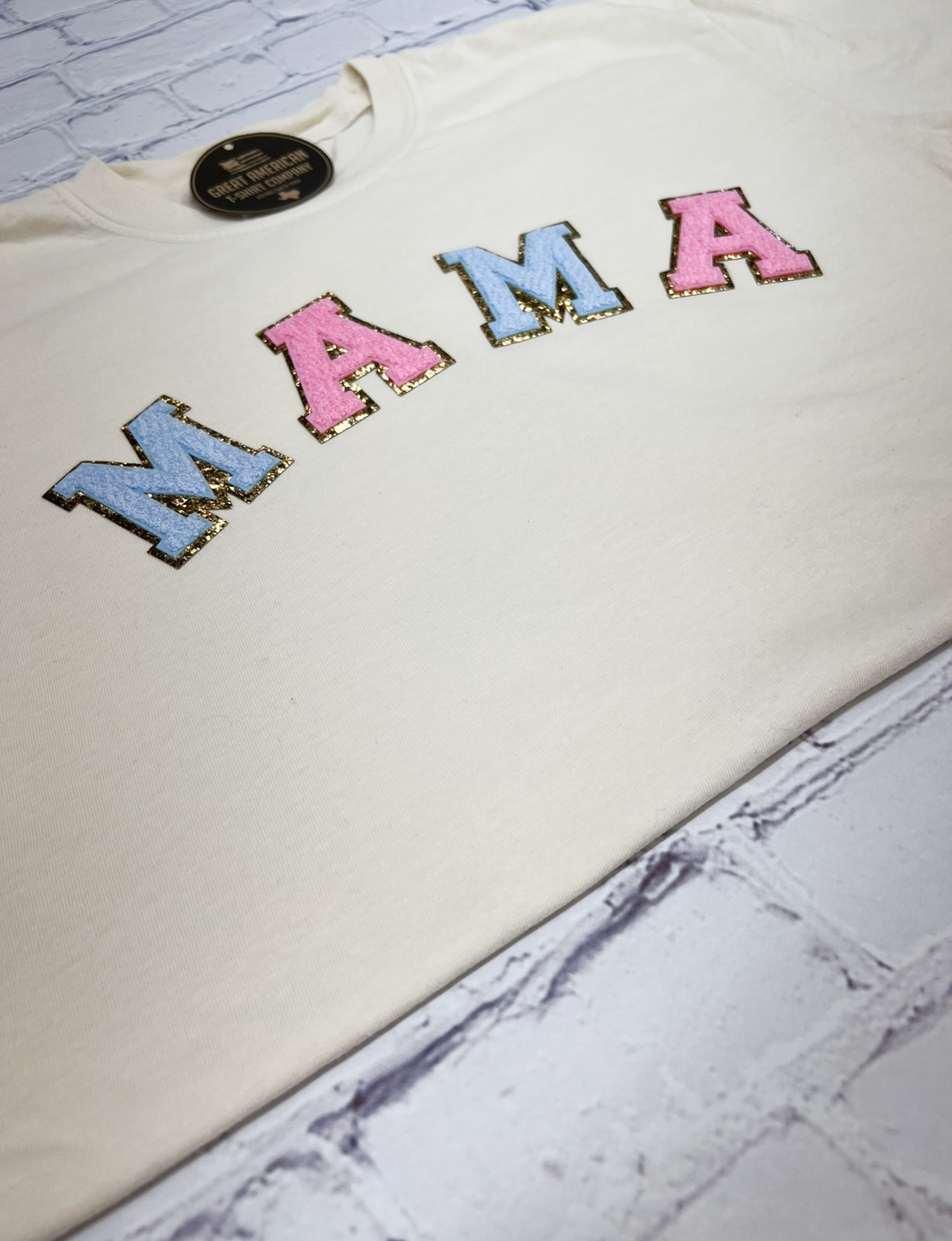 Pink and Blue Ivory Mama Glitter Patch Graphic Tee
