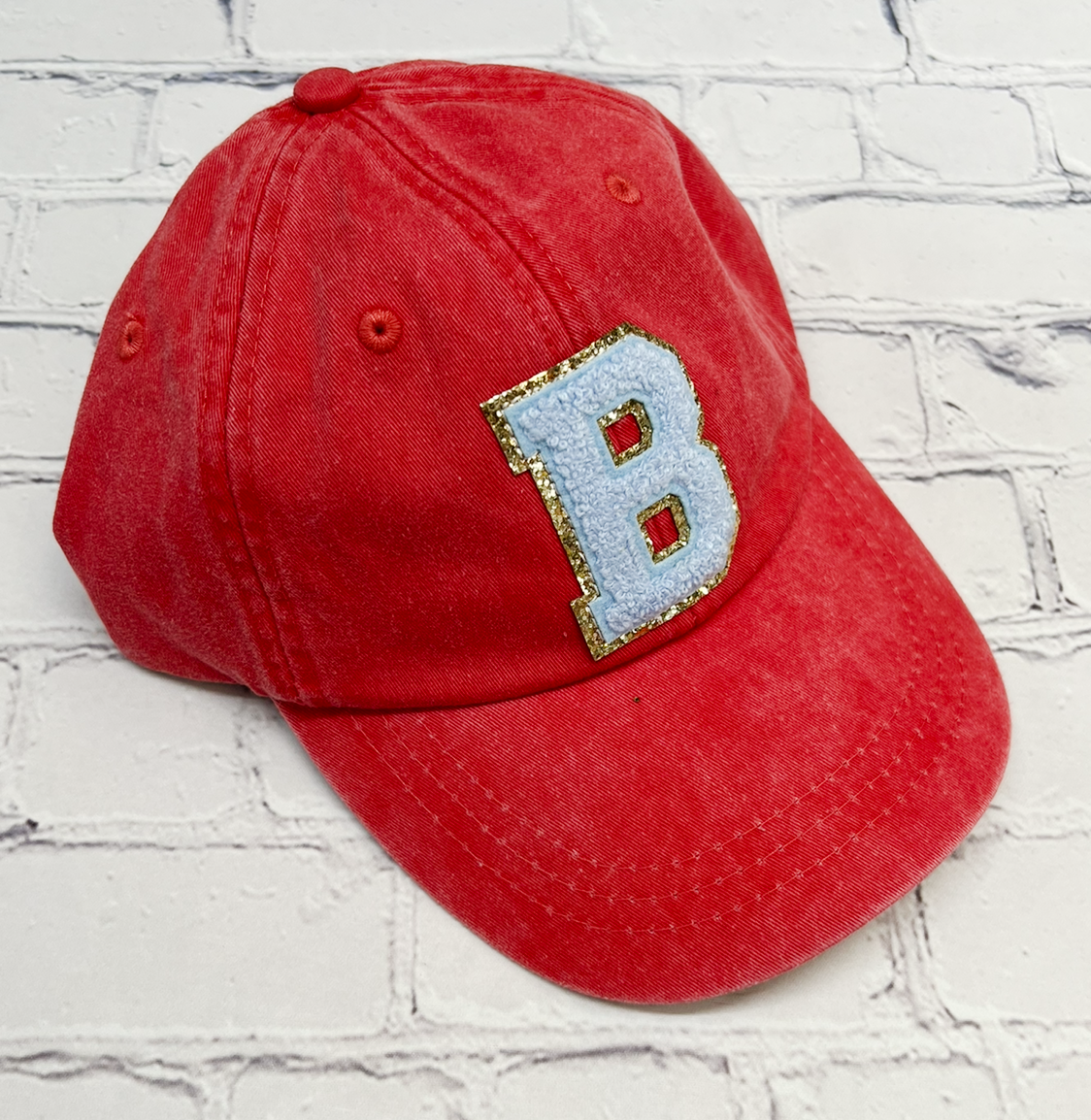 Personalized Red Light Blue Glitter Initial Letter Patch Unstructured Hat