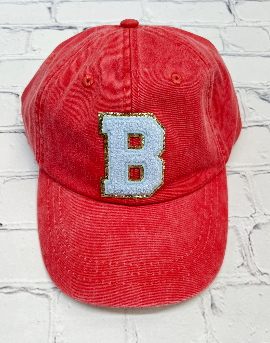 Personalized Red Light Blue Glitter Initial Letter Patch Unstructured Hat