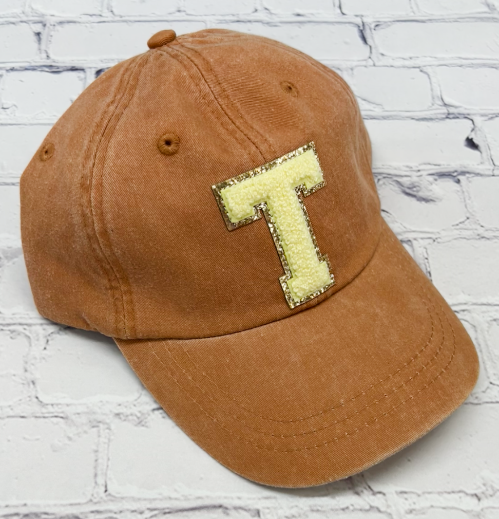 Personalized Terracotta Yellow Glitter Initial Letter Patch Unstructured Hat