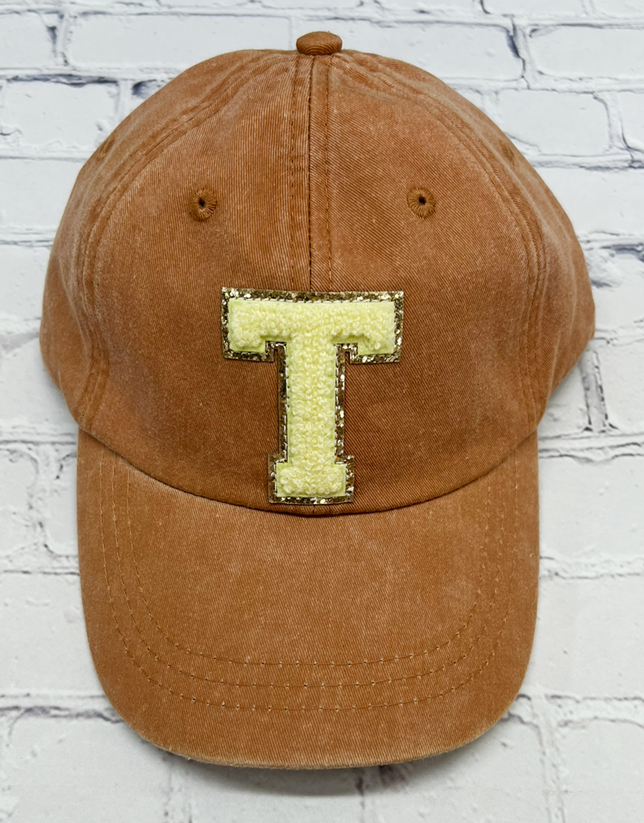 Personalized Terracotta Yellow Glitter Initial Letter Patch Unstructured Hat