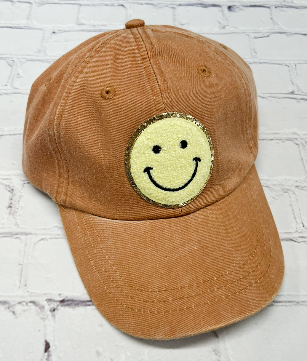 Terracotta Yellow Glitter Smiley Face Patch Unstructured Hat