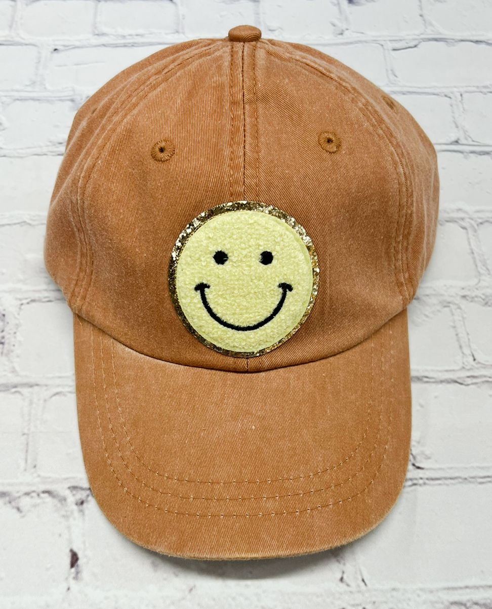 Terracotta Yellow Glitter Smiley Face Patch Unstructured Hat